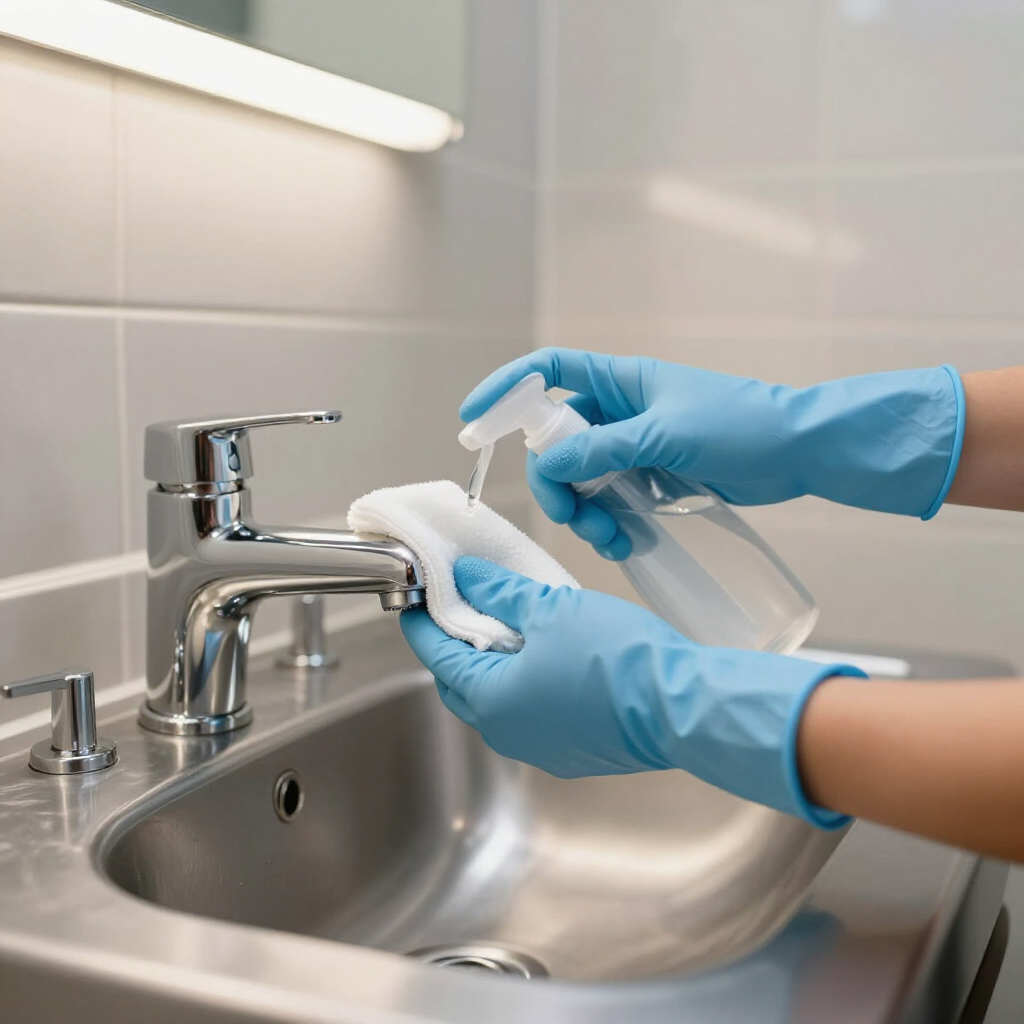 Blue-gloved hands spraying and wiping a stainless steel sink with cleaner