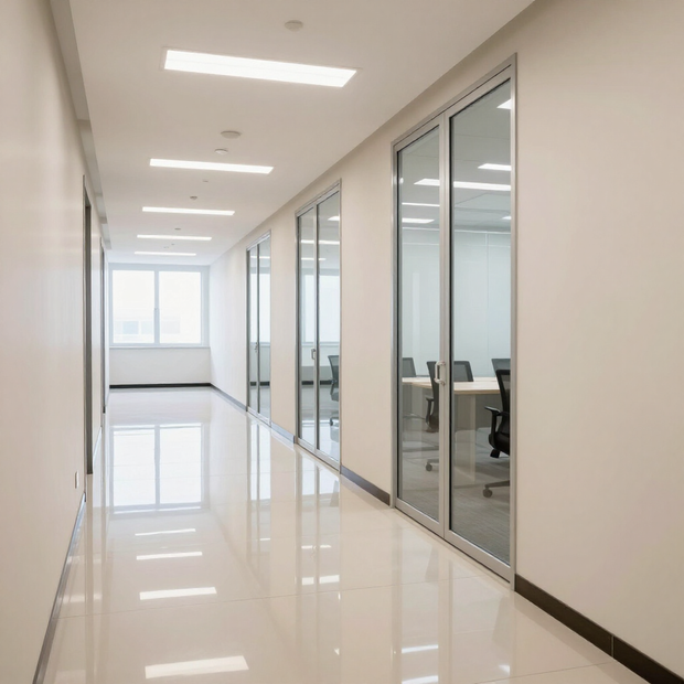 Bright modern office hallway with glass-walled rooms and glossy white floors