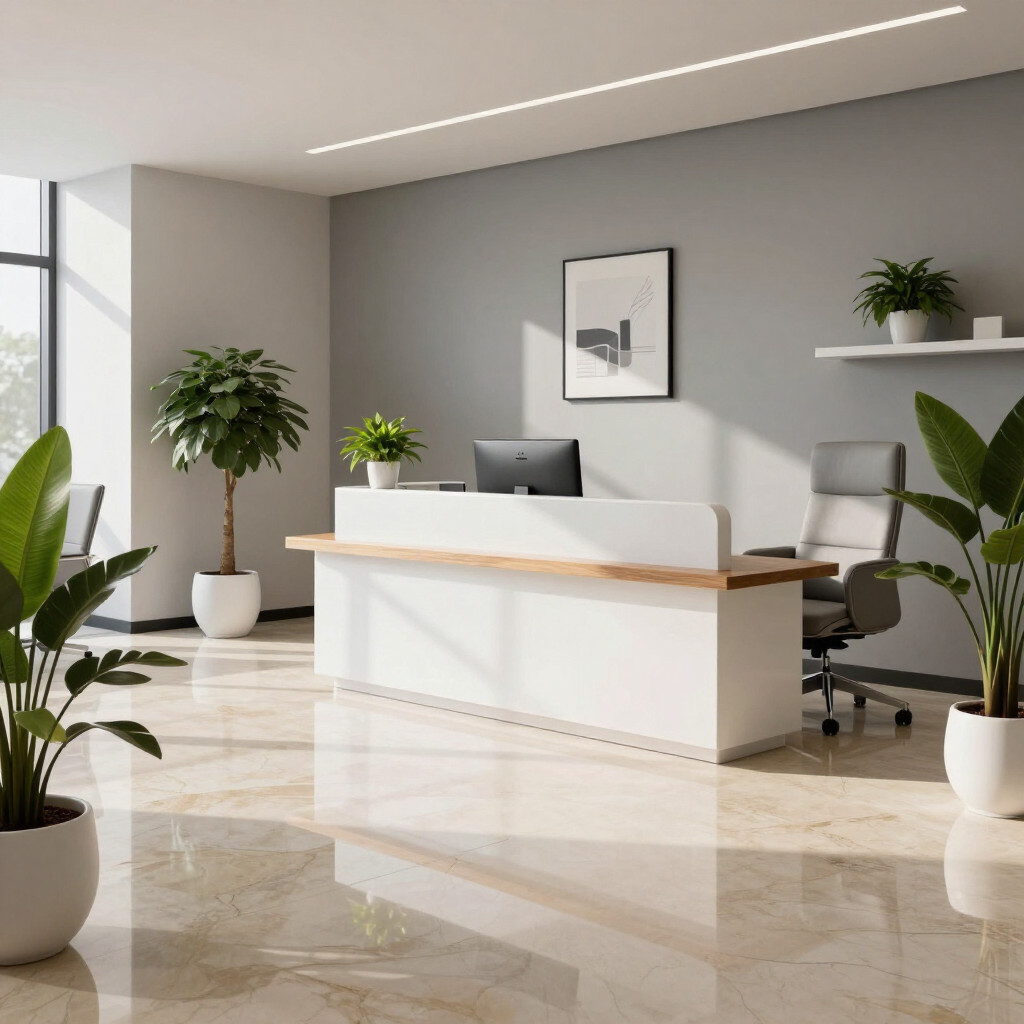 Modern office reception area with white desk, potted plants, and bright minimalist decor