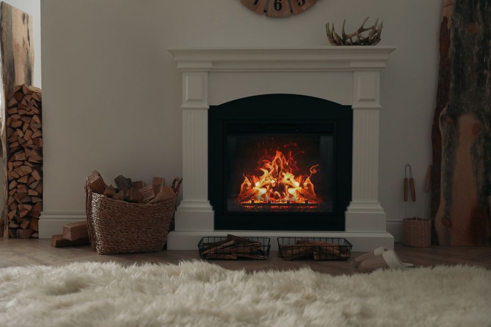 Cozy living room fireplace with a bright fire, white mantel, basket, and fluffy rug