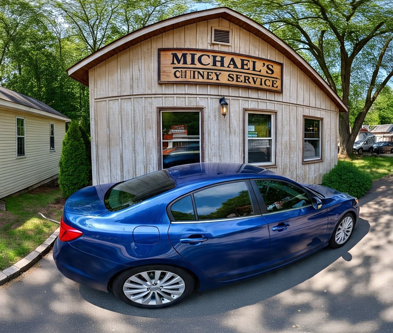 Blue sedan parked in front of Michael’s City Service building under green trees
