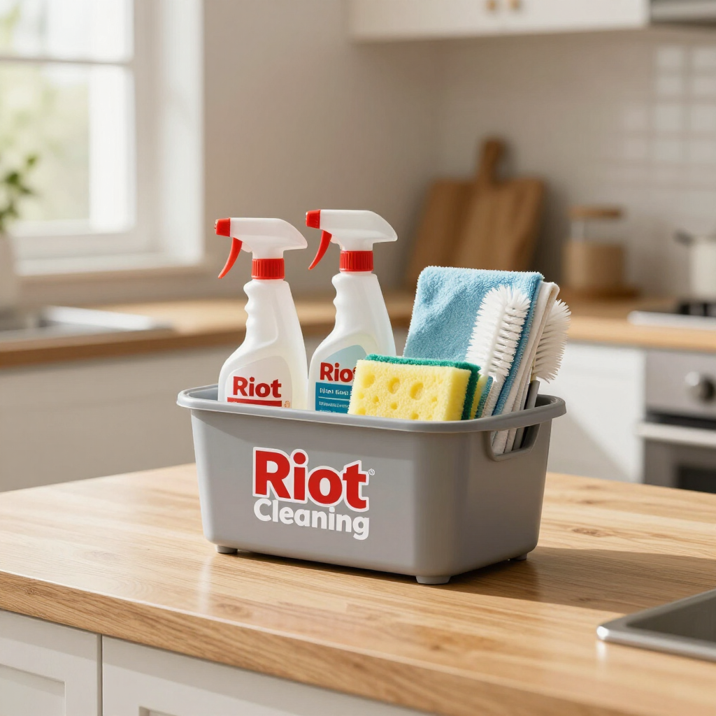 Riot Cleaning team supplies on a clean kitchen bench, Central Coast.