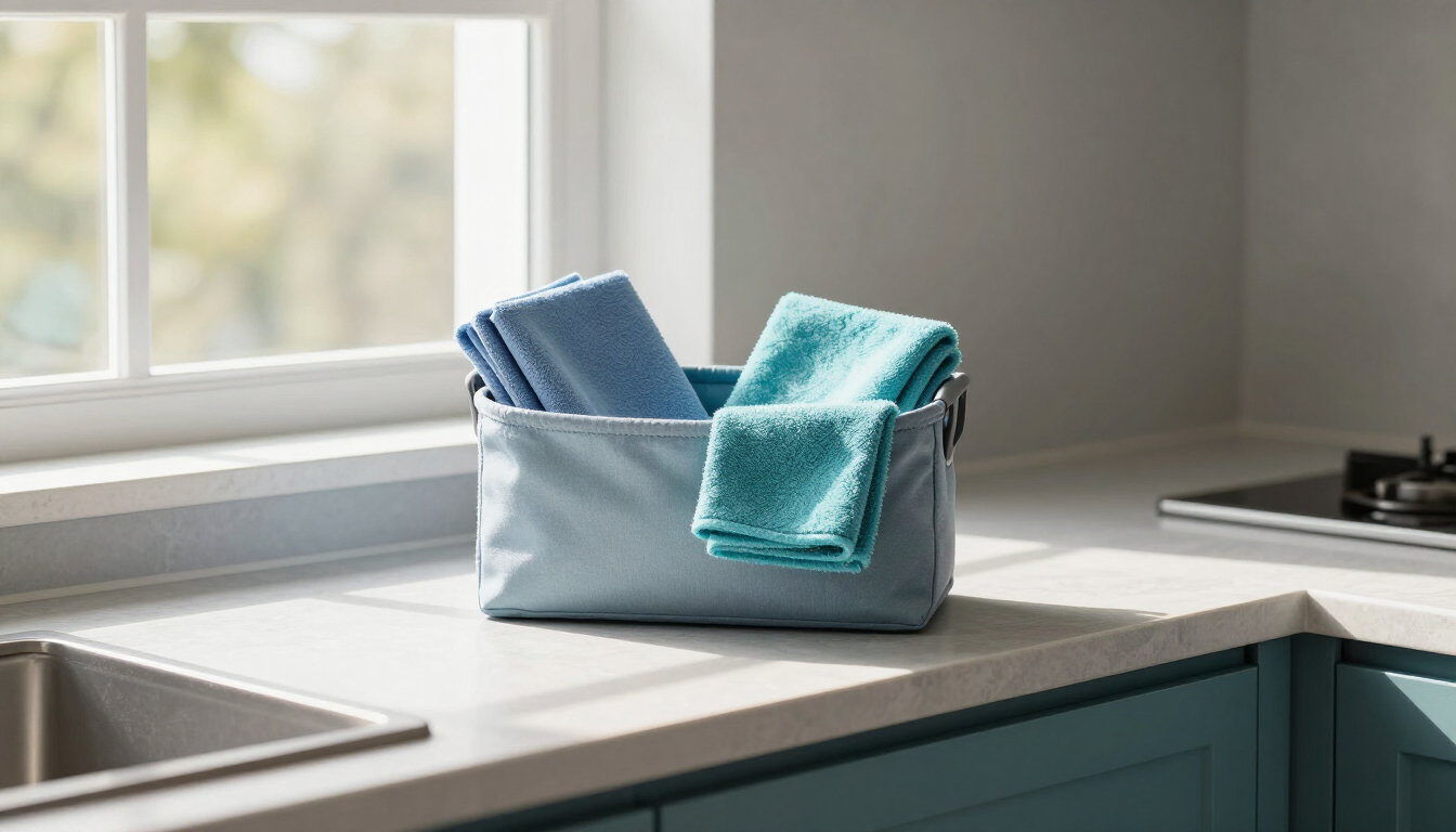 Bright sunlit kitchen mid-clean with cloths and a cleaning caddy on the bench