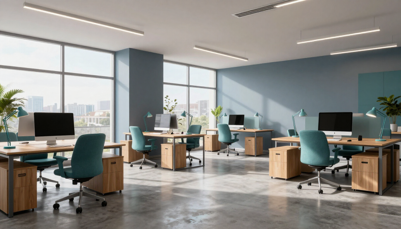 Bright open-plan office space, clean and calm