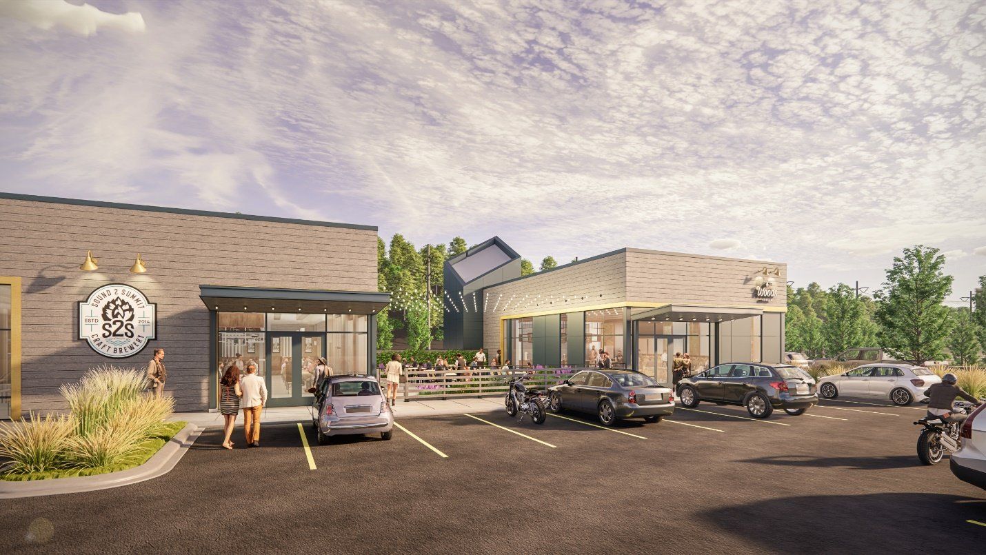 An artist 's impression of a restaurant with cars parked in front of it.