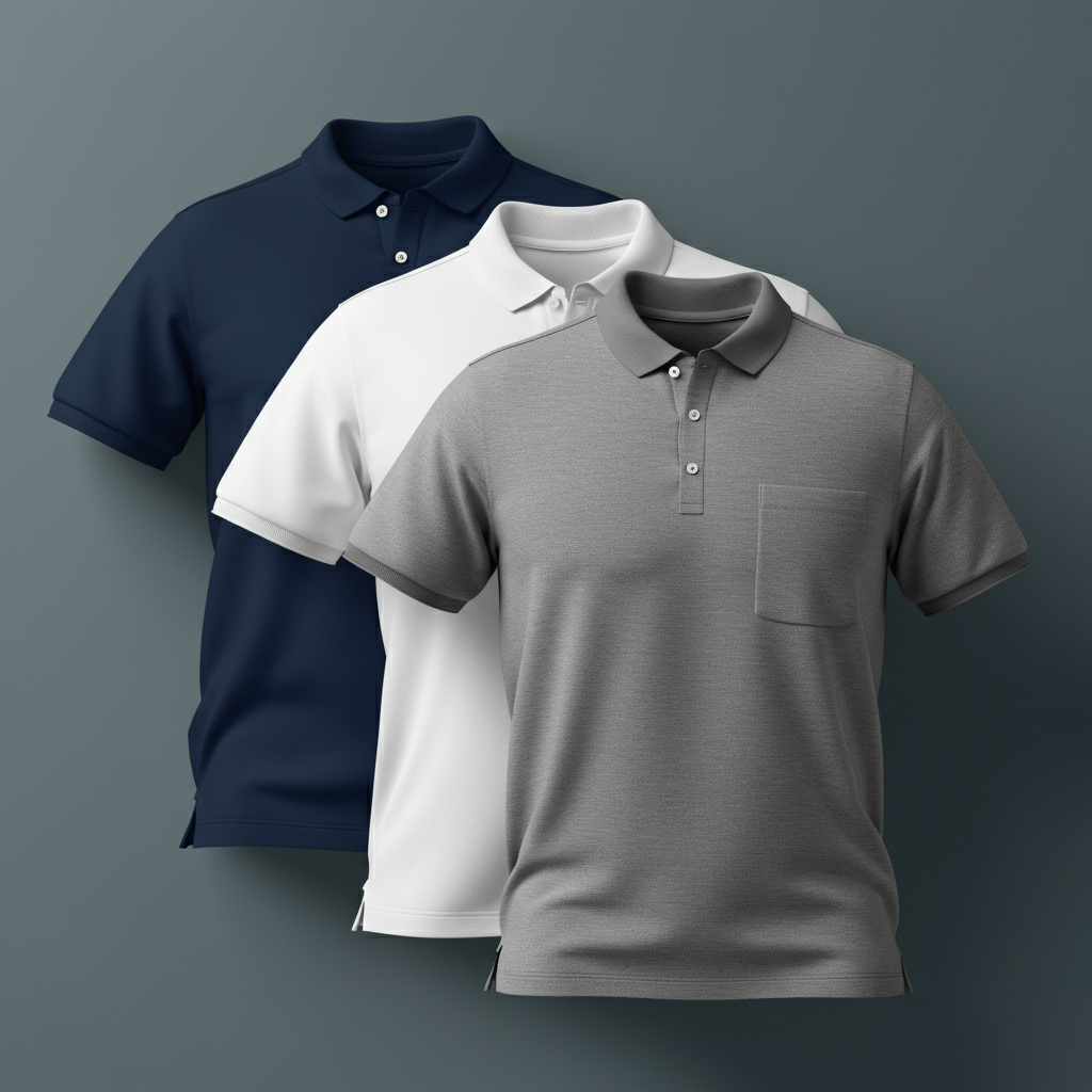 Tres camisetas polo están apiladas una encima de otra sobre un fondo gris.