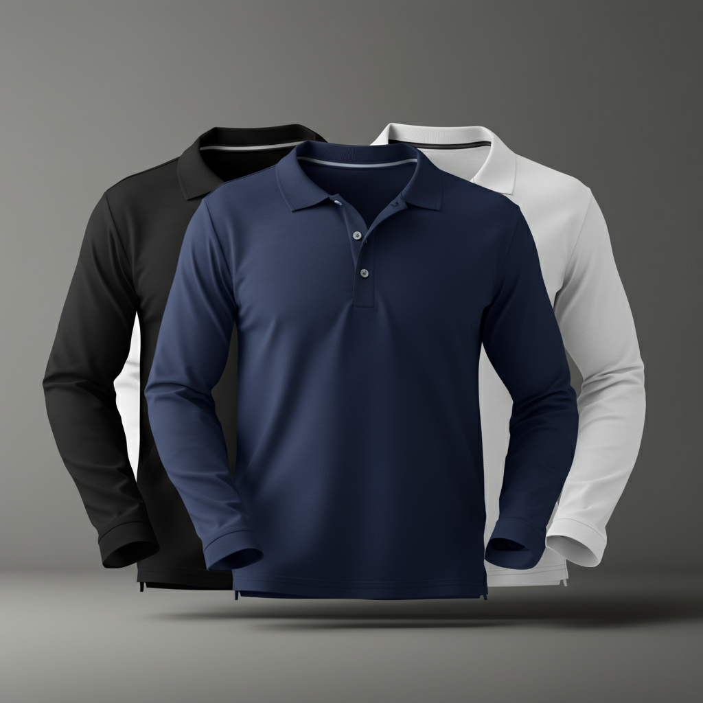 Tres polos de manga larga en color negro, azul y blanco.