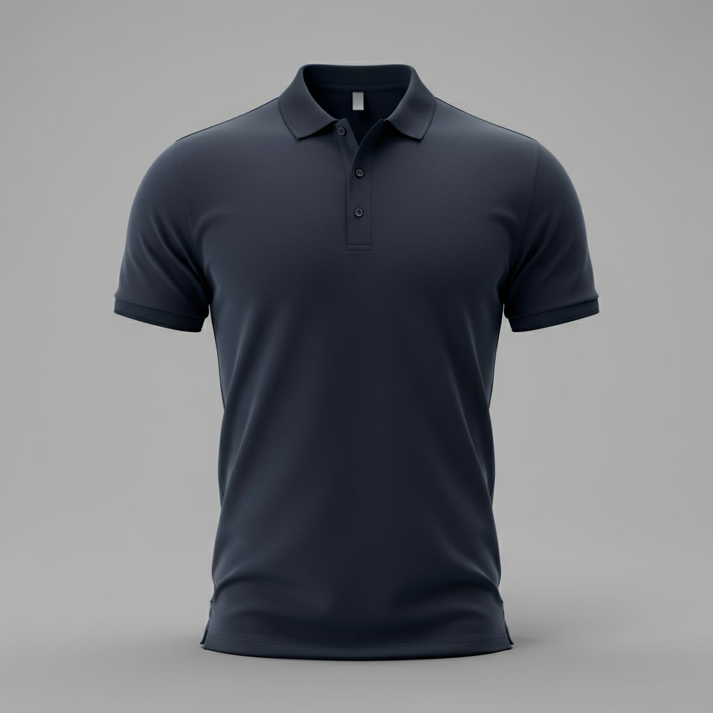 Una camisa polo negra sobre un fondo gris.
