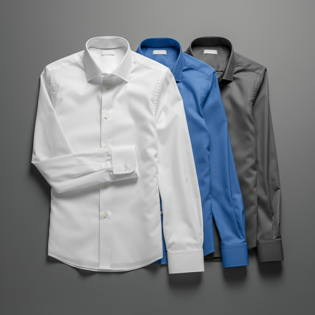 Tres camisas están apiladas una encima de otra sobre una superficie gris.