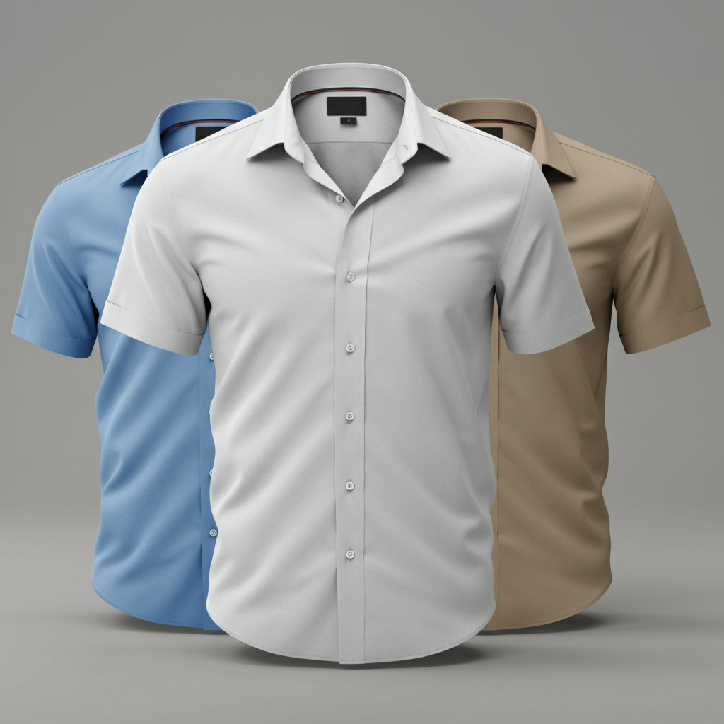 Tres camisas de hombre de manga corta en diferentes colores.