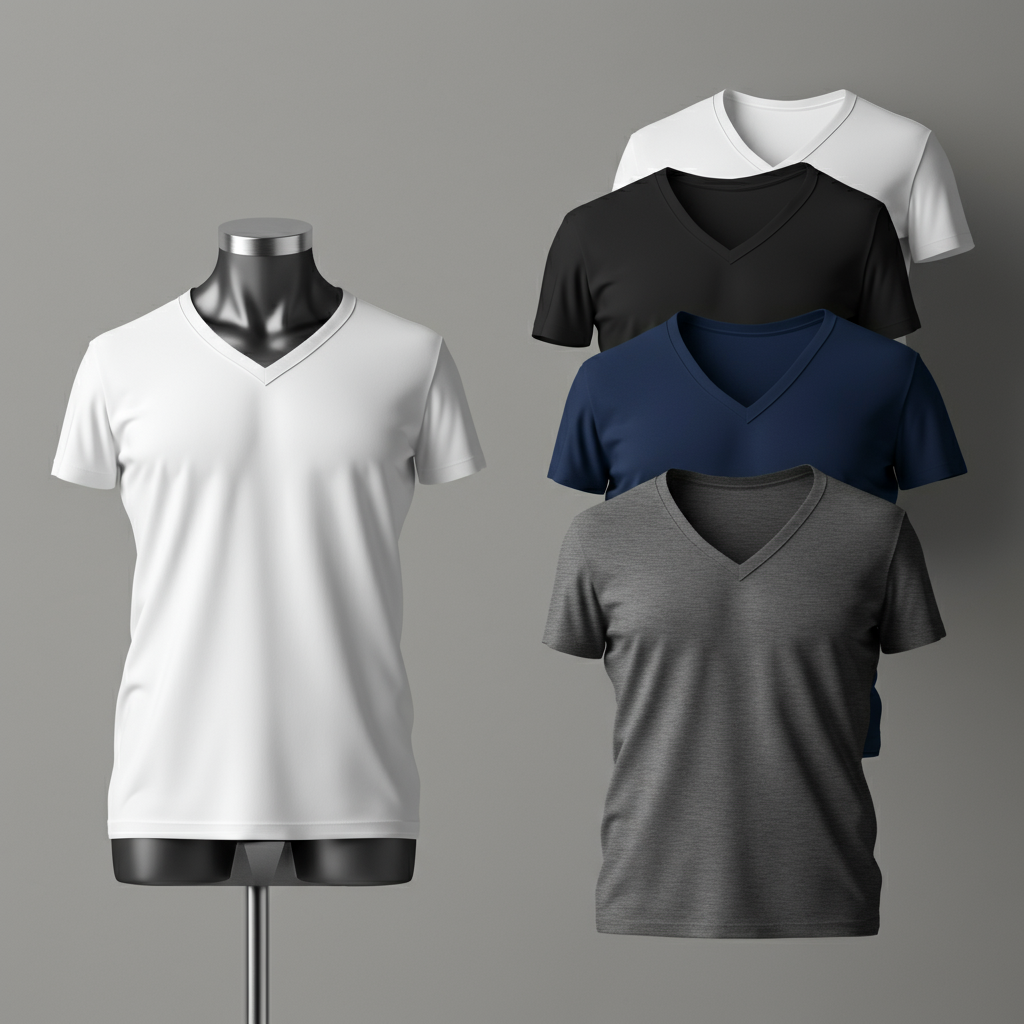 Una camiseta blanca está sobre un maniquí al lado de una pila de camisetas de diferentes colores.