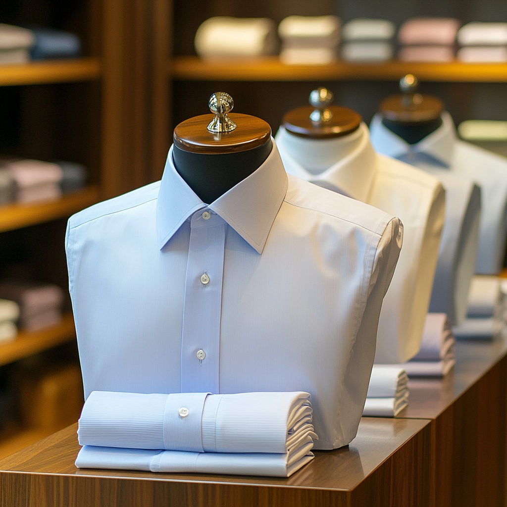 Una fila de camisas de hombre en maniquíes en una tienda.