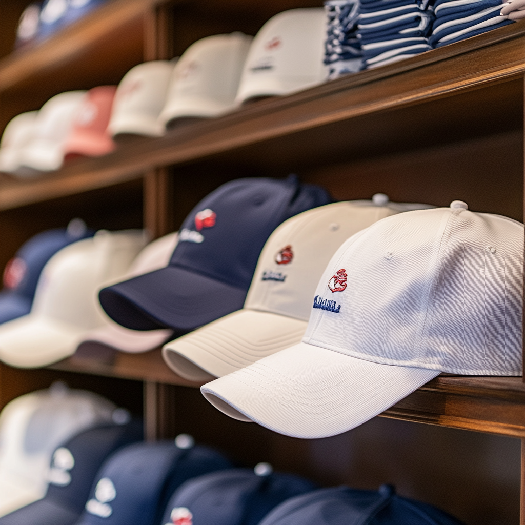 Un montón de gorras de béisbol están alineadas en un estante.