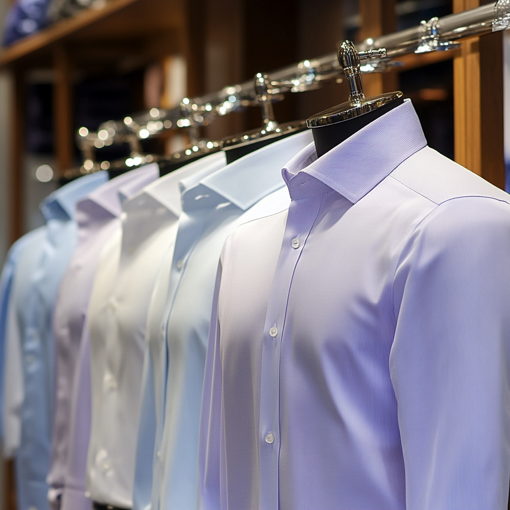 Una fila de camisas están colgadas en un perchero en una tienda.