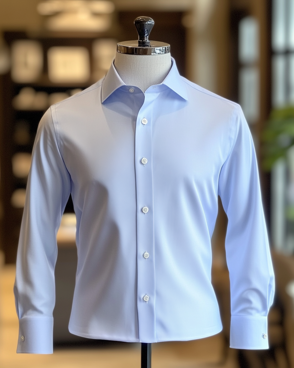 Una camisa de vestir azul claro está sobre un maniquí.