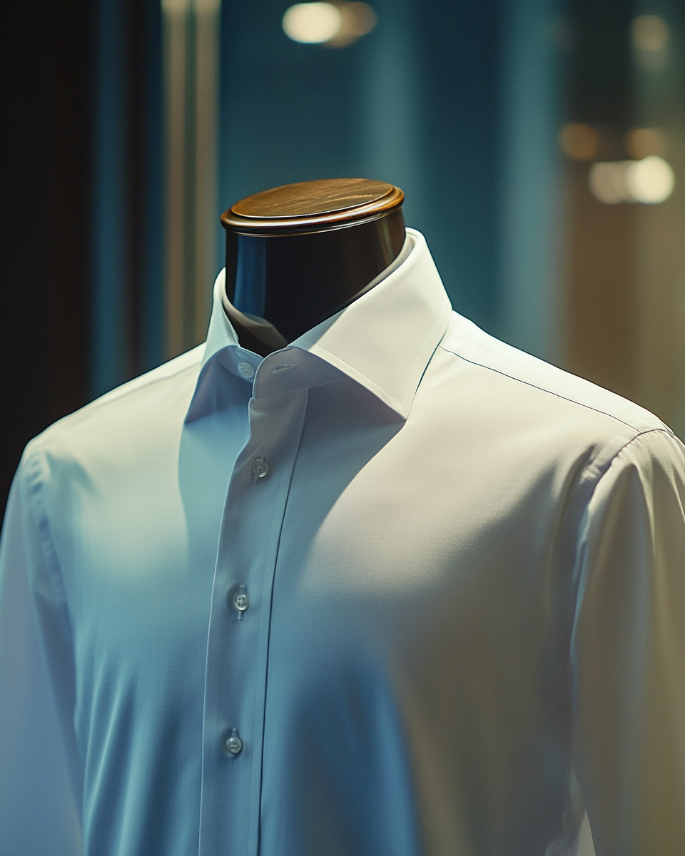 Una camisa blanca está en un maniquí en una tienda.