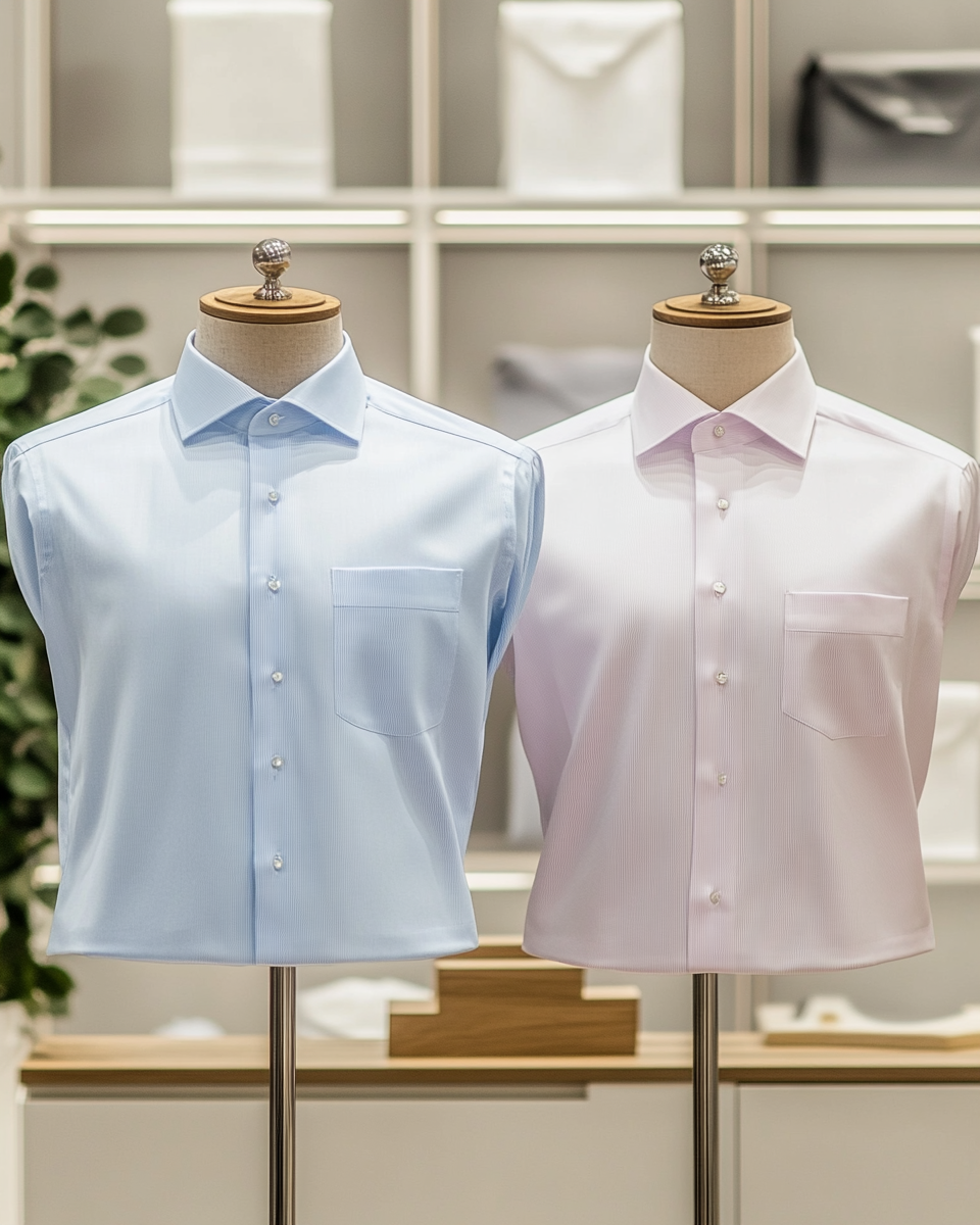 Dos camisas de hombre están en maniquíes en una tienda.