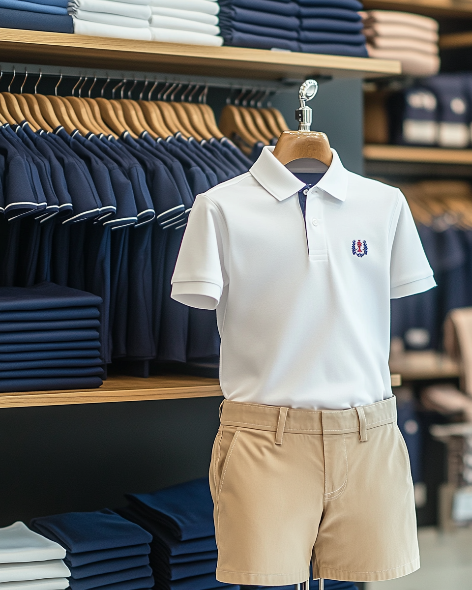 Un maniquí lleva un polo blanco y pantalones cortos color caqui.