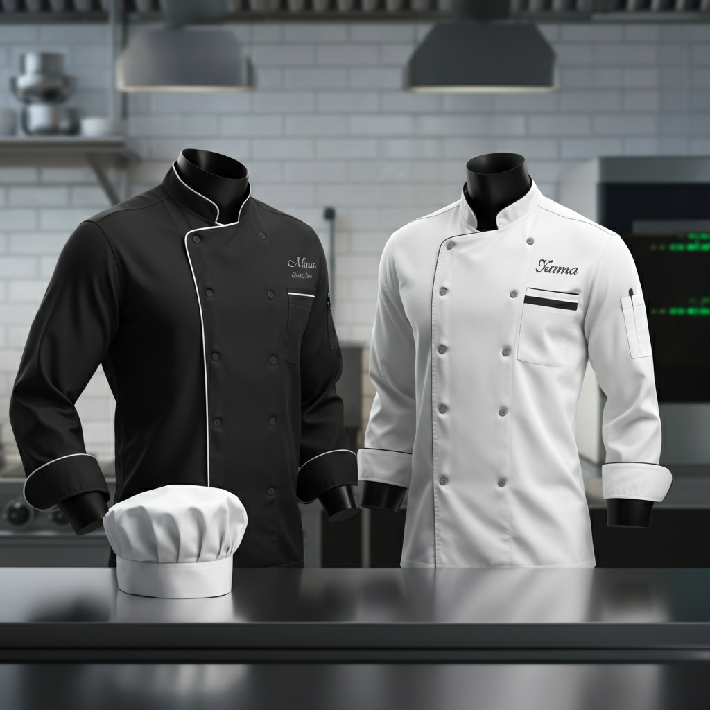 Una chaqueta y un gorro de chef en blanco y negro sobre un mostrador