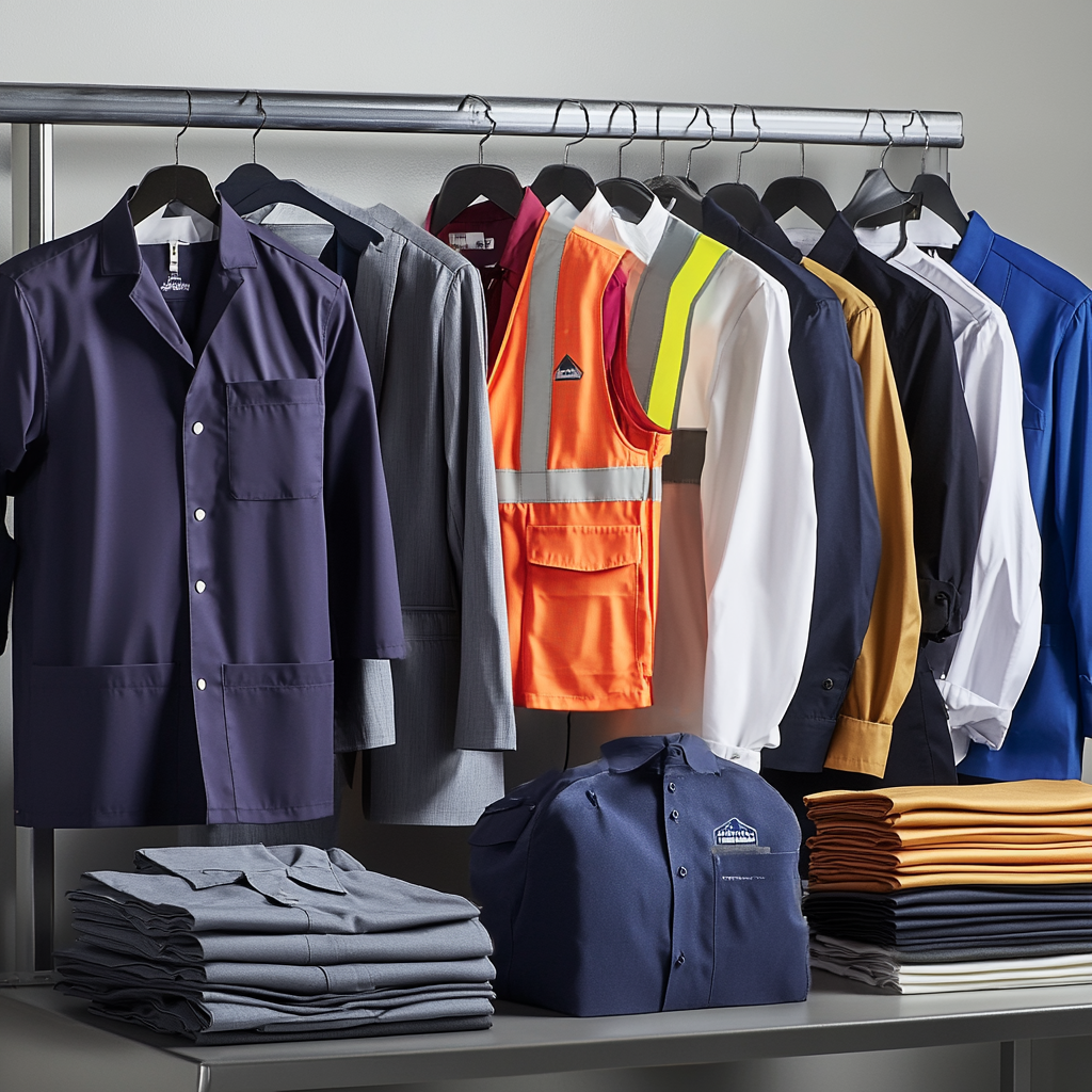 Una variedad de ropa de trabajo está colgada en un perchero.