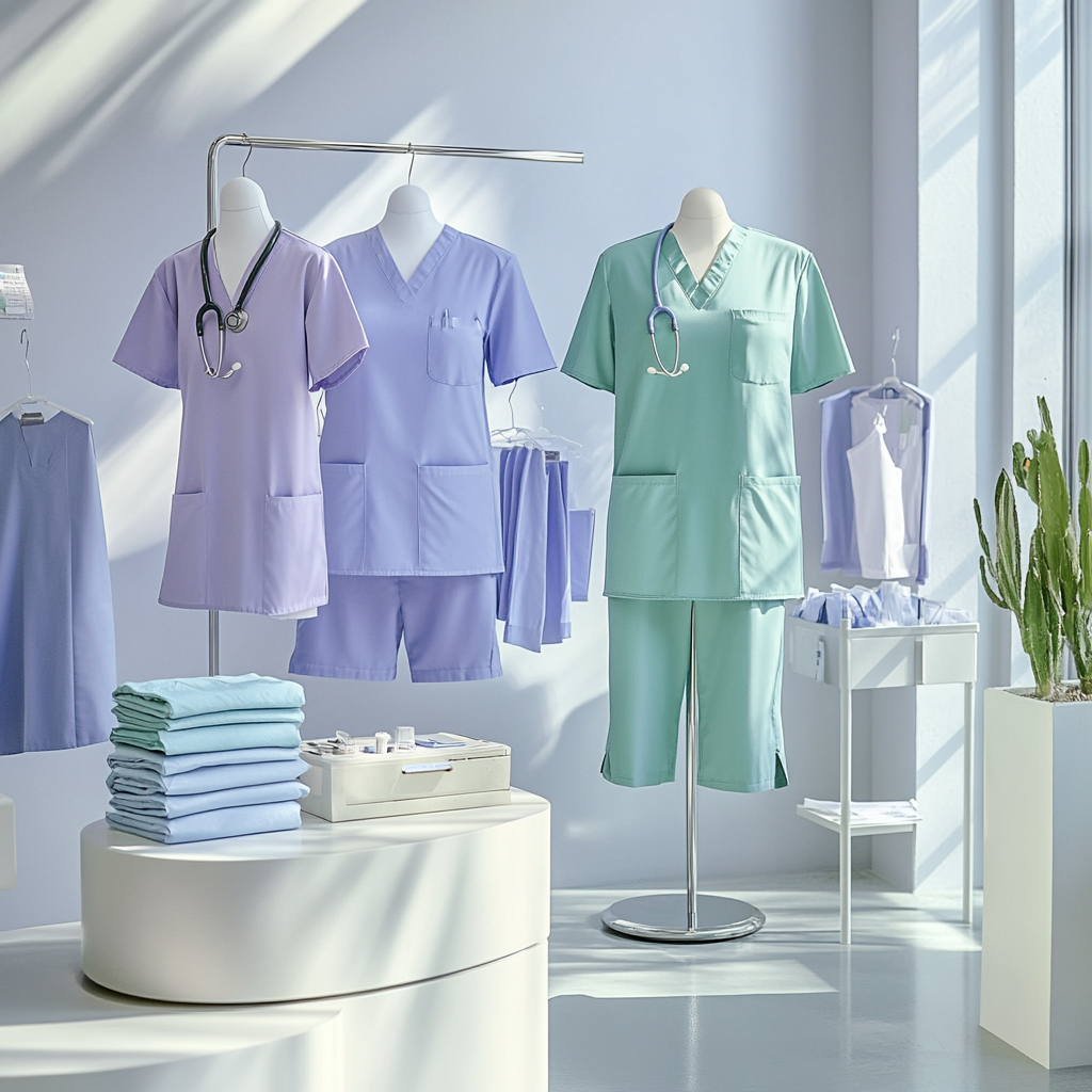 Una exhibición de uniformes morados y verdes sobre maniquíes.