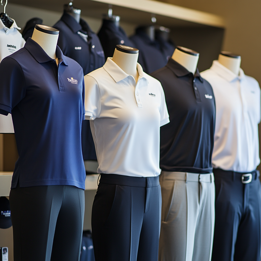 Una fila de maniquíes con camisetas polo y pantalones.