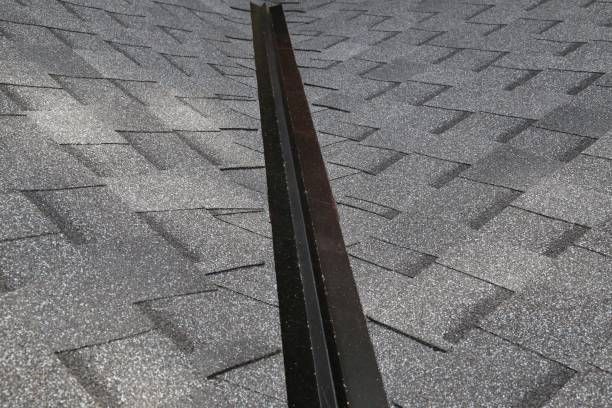 Black metal flashing along a roof valley, against gray asphalt shingles.