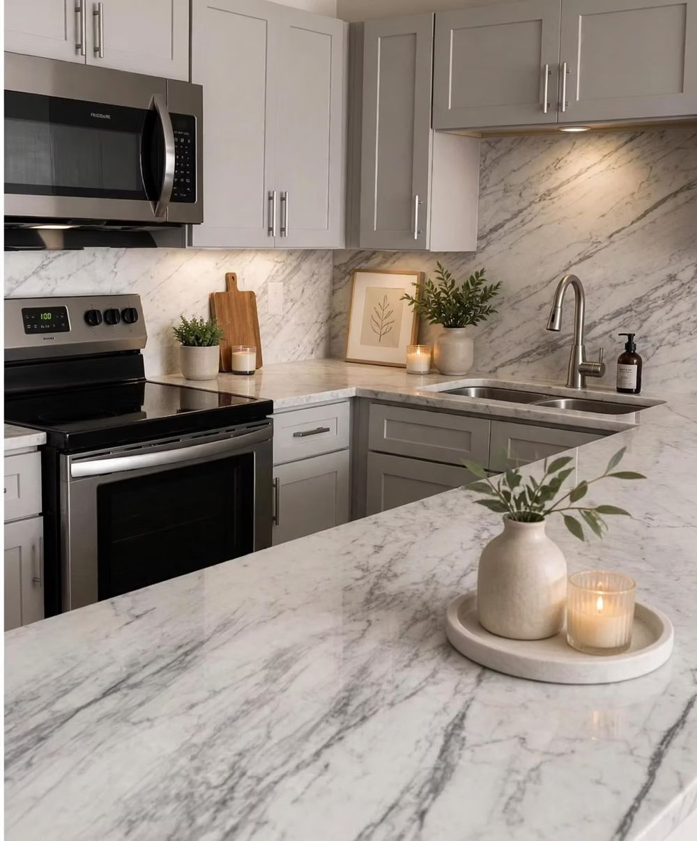 Modern white kitchen with marble countertops, stainless steel appliances, and small decorative plants
