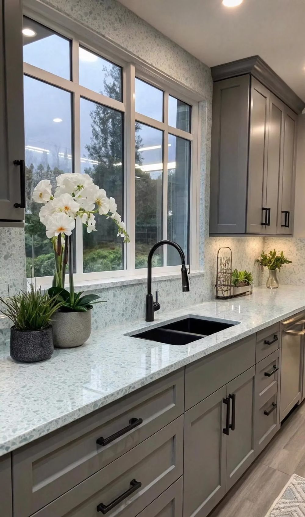 Modern kitchen with gray cabinets, white countertops, black faucet, and large windows above the sink.