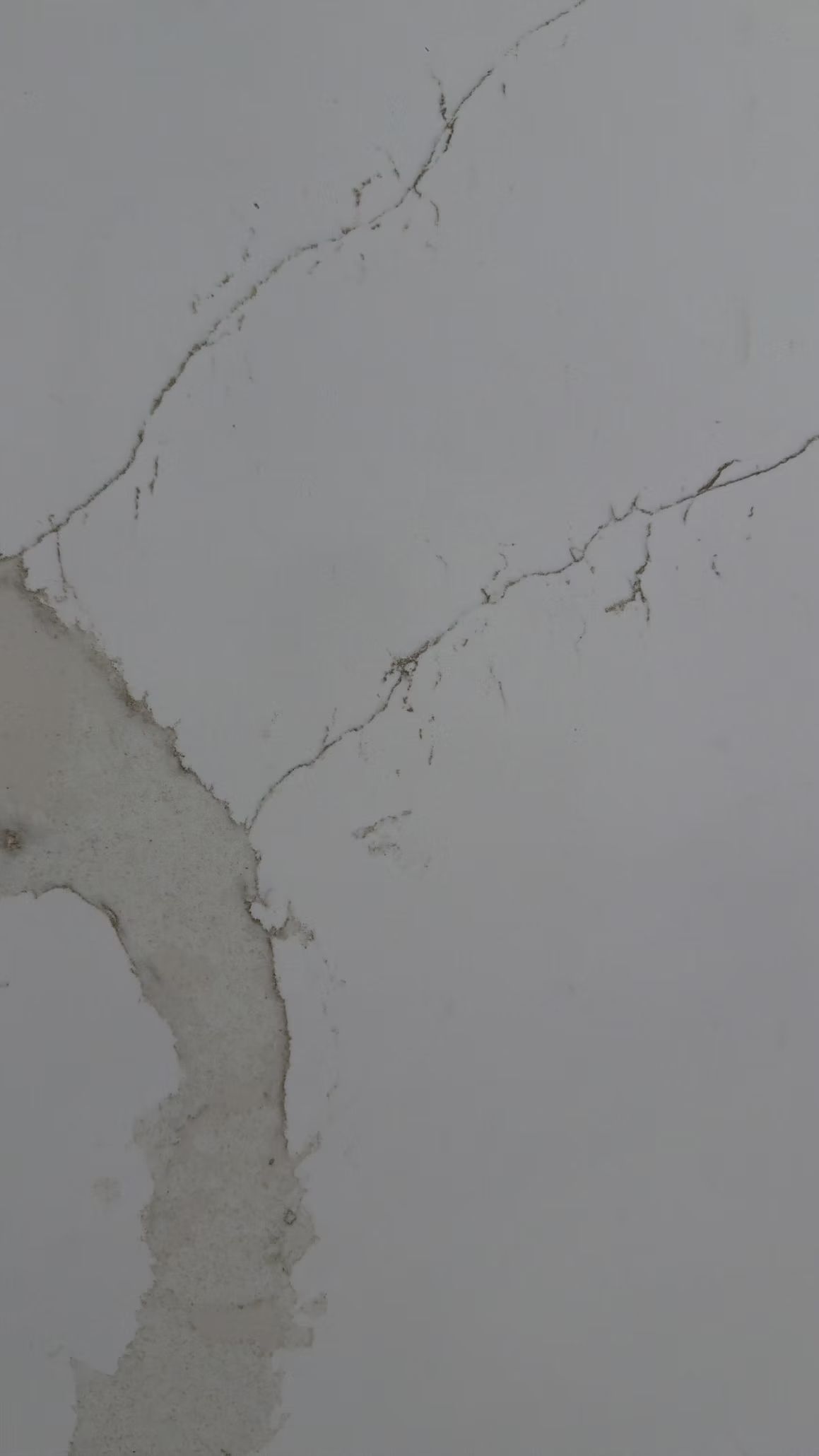 Cracked white wall with peeling paint and a gray stain along the left edge