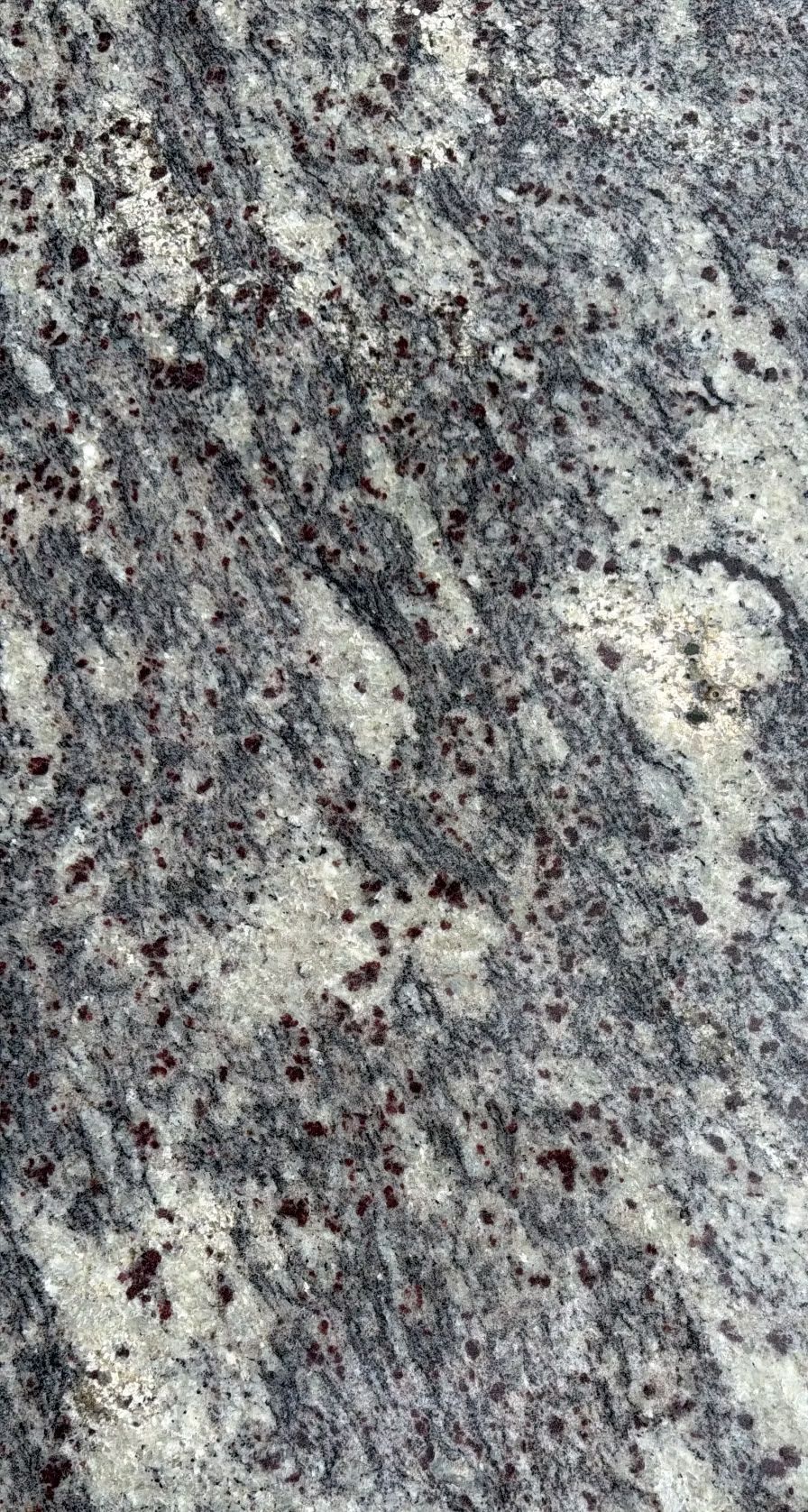 Close-up of gray and white speckled granite surface with dark veins