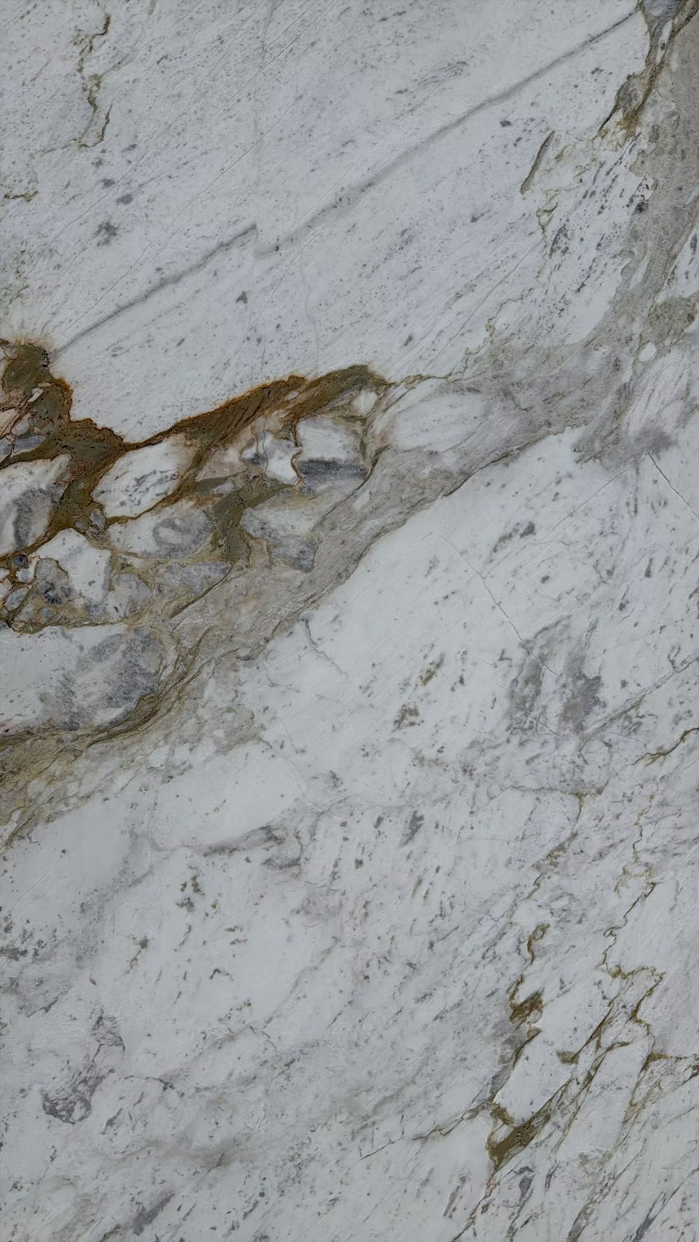 Close-up of white and gray marble with tan veins and natural cracks