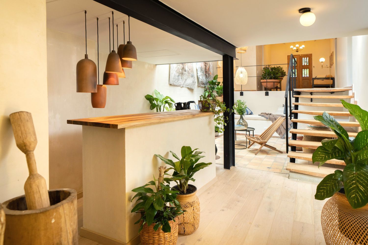 A room with a counter and plants in pots.