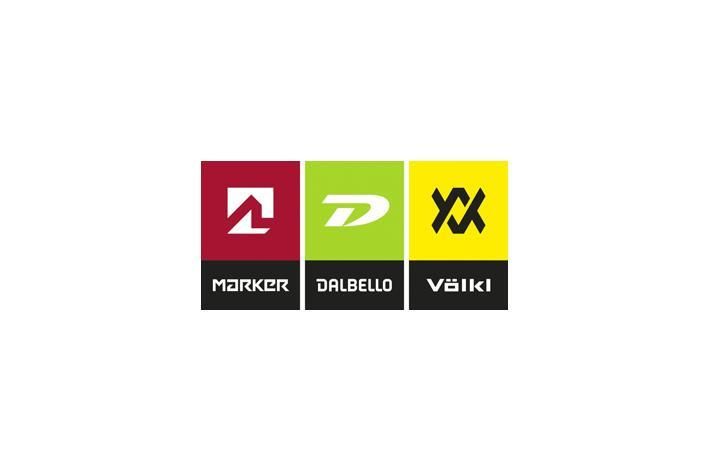 Logos of Marker, Dalbello, and Völkl, ski equipment brands, in red, green, and yellow squares.