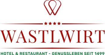 Logo for Wastlwirt Hotel & Restaurant. Red text and emblem, four stars,