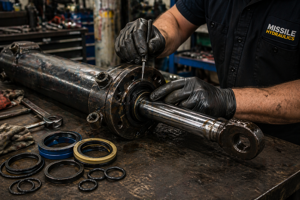 Mechanic repairing a metal driveshaft on a workbench with tools and bearings nearby