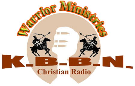 K-B-B-N Christian Radio logo: Warriors on horseback flank a microphone, 