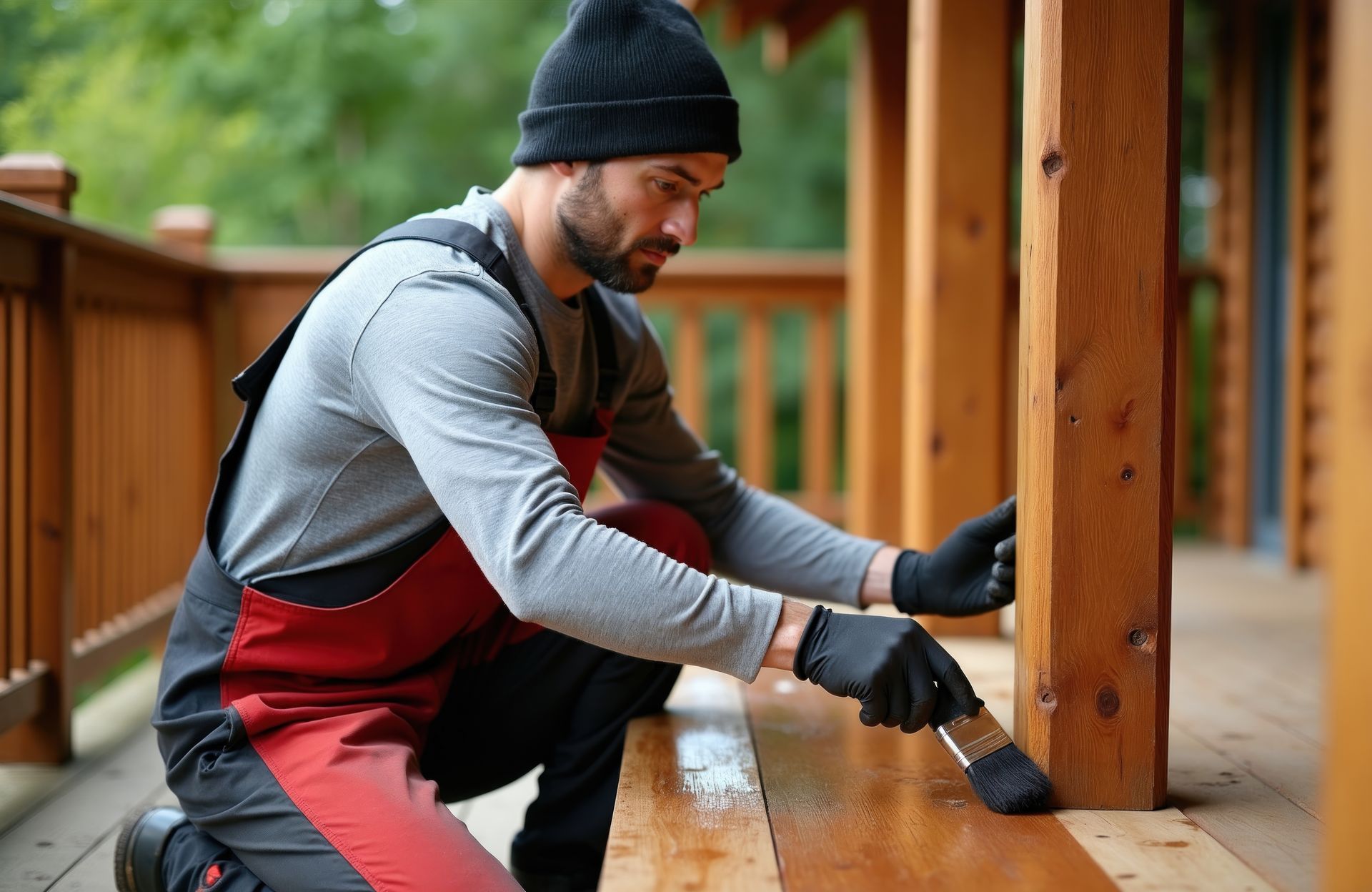 A contractor in work overalls brushes wood sealant onto boards and a post during deck installation.