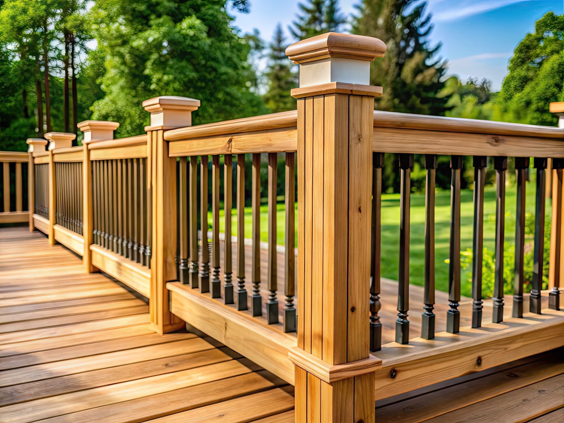 Photograph of a wooden deck railing with vertical black metal balusters and square wooden posts topped with decorative caps.