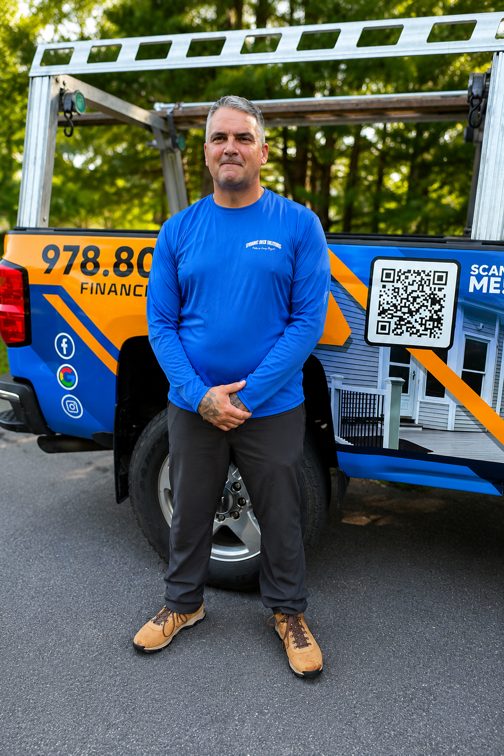 Man standing in front of a blue-orange utility truck with a ladder rack and QR code sign.