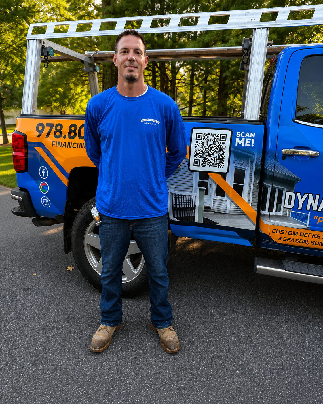 Man standing in front of a blue work truck with ladder rack and QR code decals.