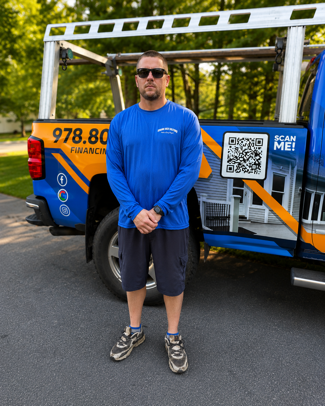 Man in blue shirt standing by a blue utility trailer with a QR code and orange signage outdoors