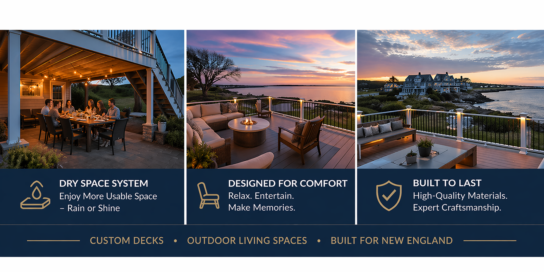 Three-panel collage of coastal resort homes at sunset with terraces, ocean views, and luxury decor.