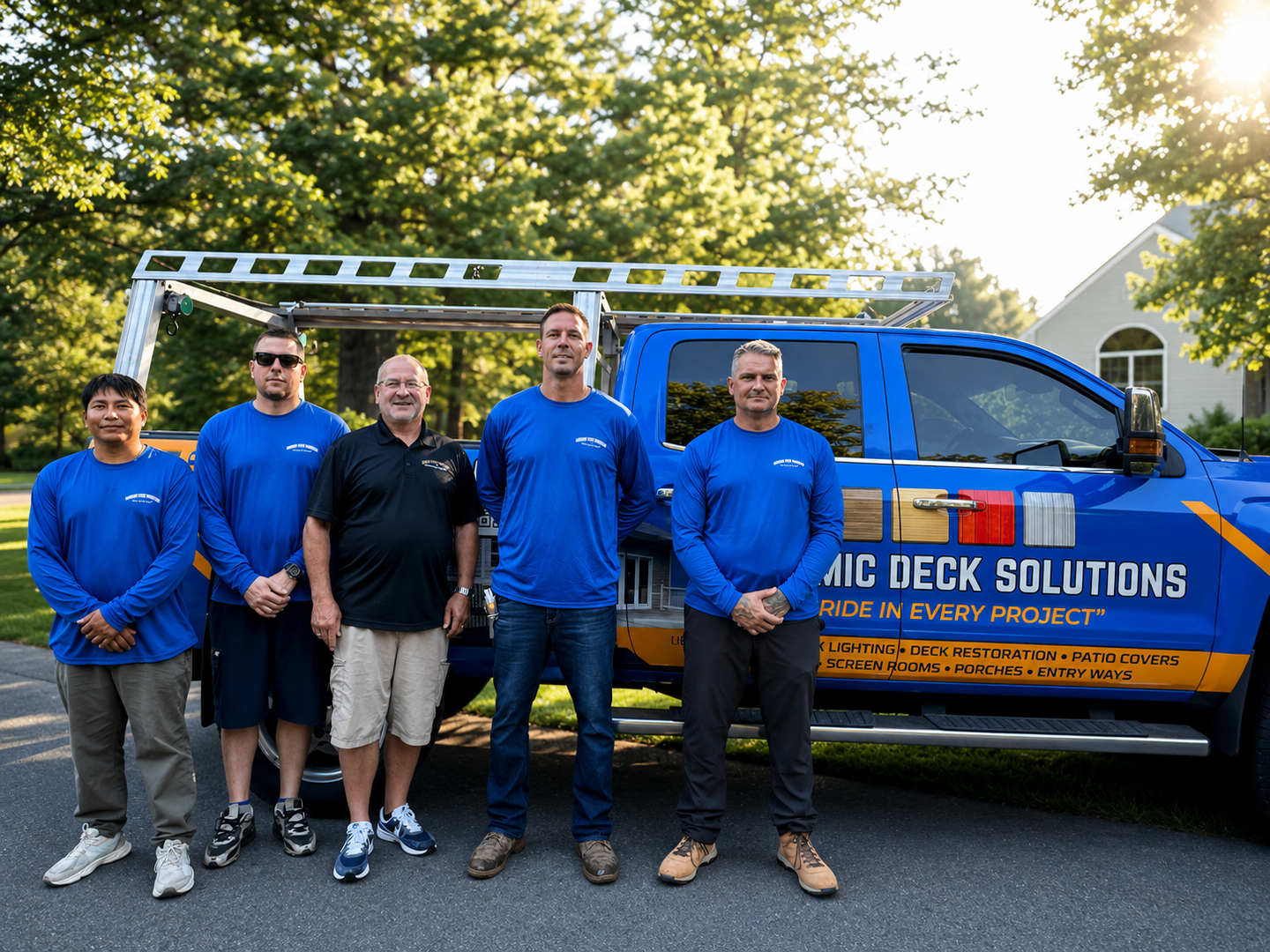 Five men standing beside a blue service truck with ladders in a sunny driveway