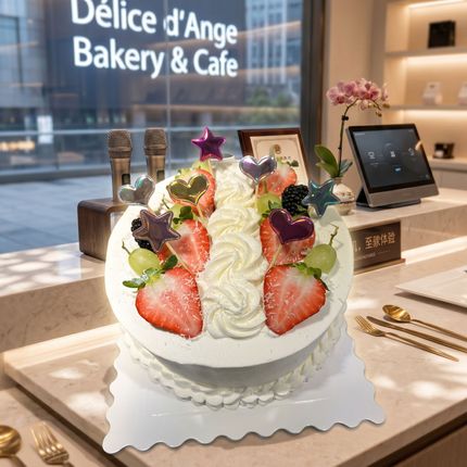 Strawberry whipped cream cake with fruit and chocolate decor on a bakery counter