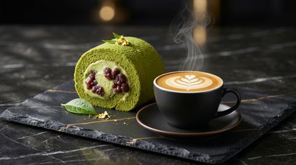 Green matcha roll cakes on dark plates with berries and a white dessert box on a gray table