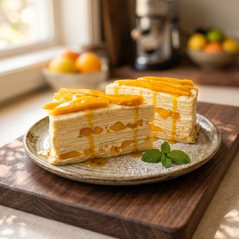 Layered cake slices with orange topping on a plate, garnished with mint on a kitchen counter