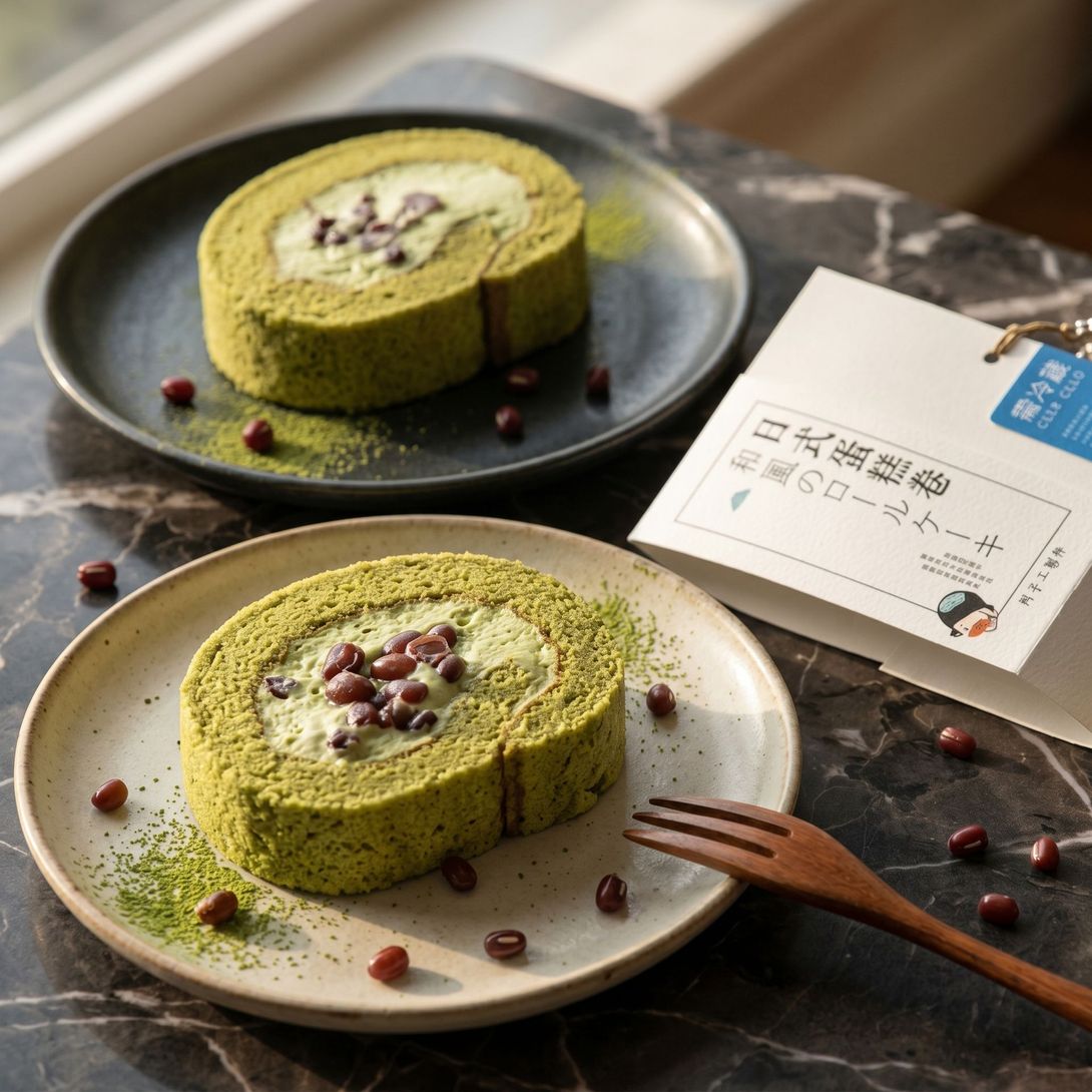 Matcha Swiss roll cakes on plates with pomegranate seeds beside a tea box