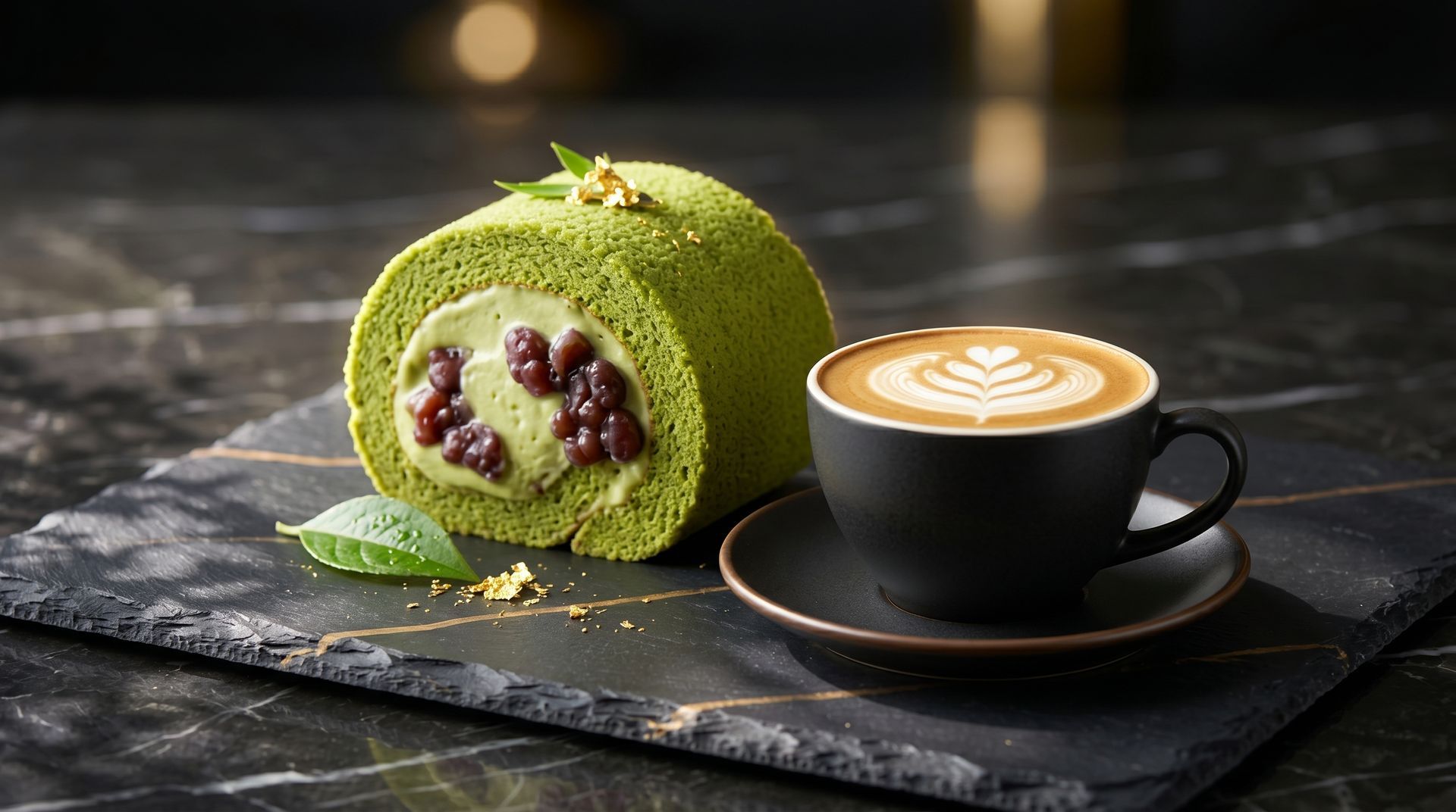 Green roll cake with berry filling beside a black cup of latte on a dark slate tray