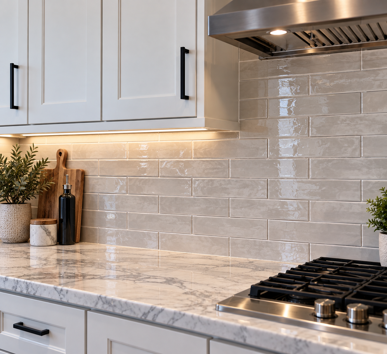 Modern kitchen with white cabinets, mosaic tile backsplash, black stove, and window over the sink
